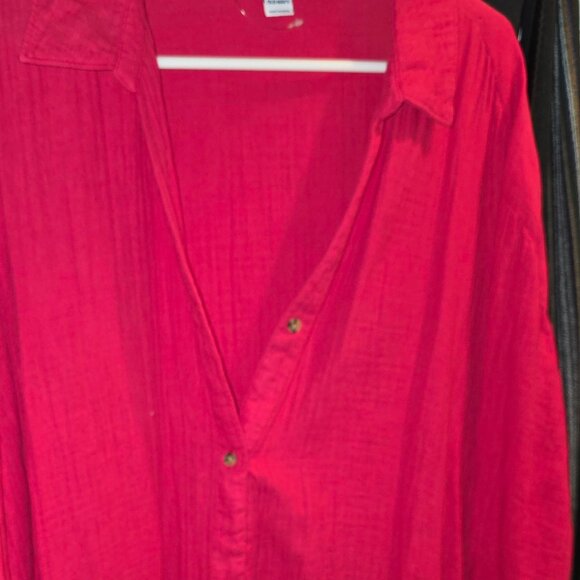 Tops - Long Sleeve Button Down Collar Shirt. Fuchsia color.